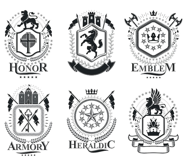 Plantillas de emblema de vectores heráldicos de lujo. Blasones vectoriales. Elegante colección de ilustraciones simbólicas de alta calidad.