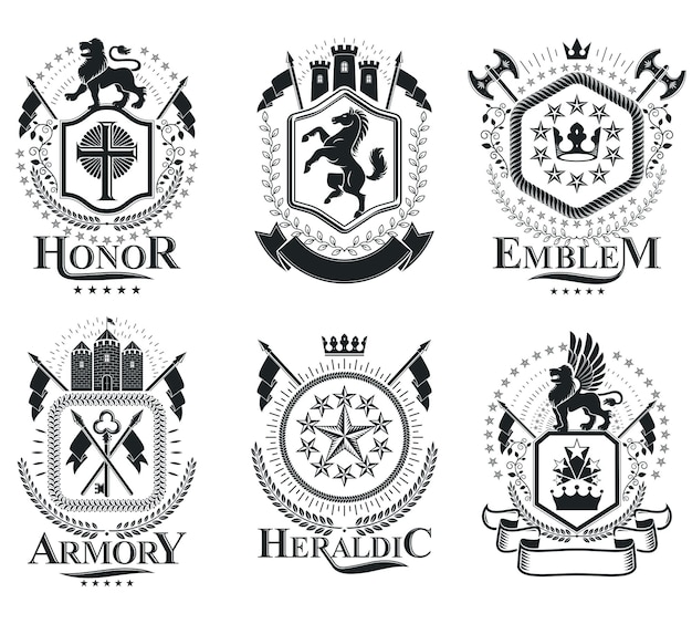 Vector plantillas de emblema de vectores heráldicos de lujo. blasones vectoriales. elegante colección de ilustraciones simbólicas de alta calidad.