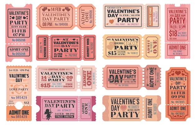 Vector plantillas de entradas para la fiesta del día de san valentín con cupidos de vacaciones de amor