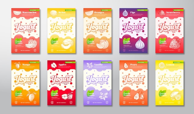 Plantillas de etiquetas de yogur de frutas y bayas Conjunto de diseños de paquetes de lácteos vectoriales Ilustraciones de frutas