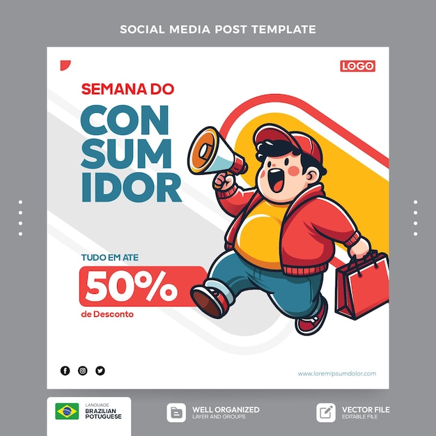 Vector plantillas de felicitación de la semana del consumidor y varias promociones para campañas de marketing en brasileño