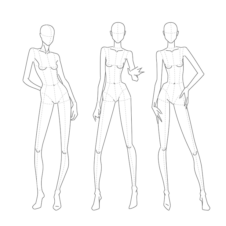 Vector plantillas de figuras de moda femeninas conjunto de diferentes posturas de pie de longitud completa vistas delantera y trasera del cuerpo de la mujer forma de dibujo técnico ilustración de dibujo vectorial de línea imprimible