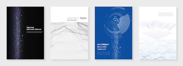 Plantillas de folleto mínimas. Visualización de grandes datos con líneas y puntos. Tecnología de ciencia ficción