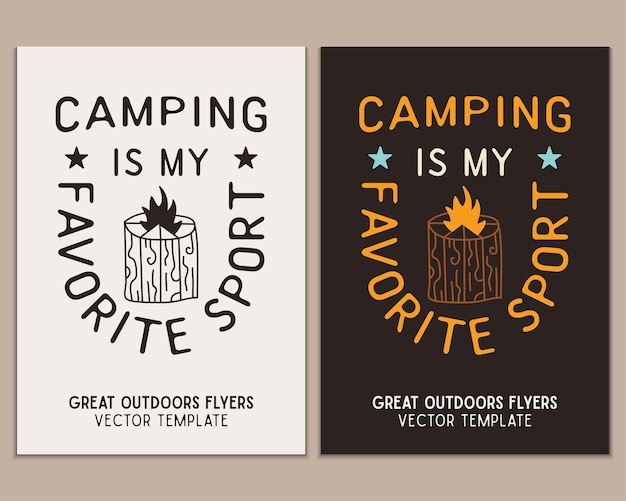Plantillas de folletos de camping afiches de aventuras de viaje con arte lineal y emblemas planos y citas el camping es mi deporte favorito tarjetas de verano a4 para fiestas al aire libre vector de stock