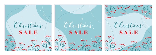 Plantillas de fondo de venta de Navidad Carteles de invierno de Navidad con elementos botánicos dibujados a mano