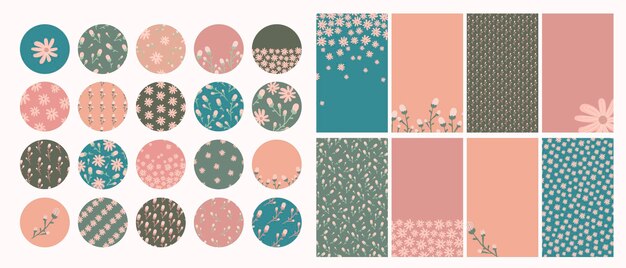Plantillas de historias de redes sociales Formas abstractas y elementos florales dibujados a mano Plantilla de fondo vertical Conjunto de portada resaltada estilo vintage boho