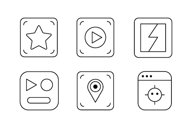 Plantillas de iconos de conjuntos vectoriales de aplicaciones móviles esenciales para las interfaces de usuario