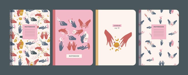 Las plantillas de ilustraciones vectoriales cubren páginas para cuadernos, planificadores, folletos, libros, catálogos. Manos humanas étnicas en diferentes gestos.