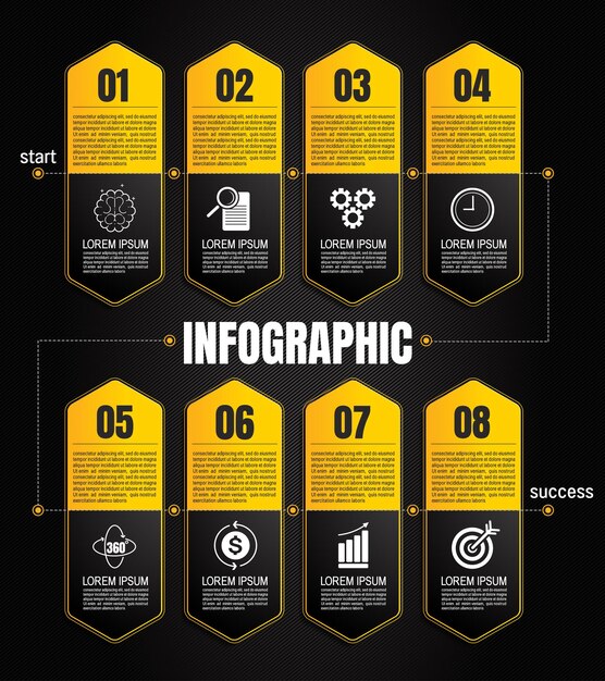 Vector plantillas infográficas atractivas en negro y amarillo para presentaciones diseños dinámicos