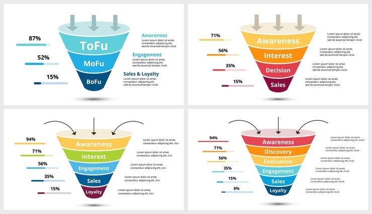 Vector plantillas infográficas de embudos de ventas para su presentación de marketing