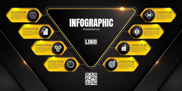 Plantillas infográficas modernas en negro y amarillo para presentaciones para visualización de datos y negocios