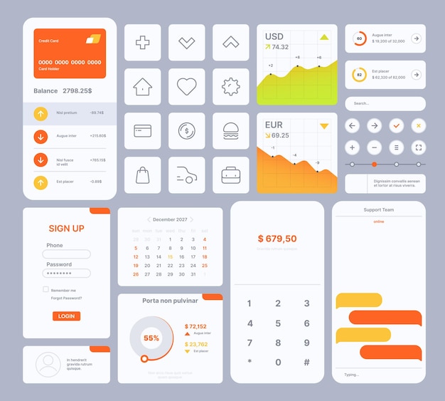 Vector plantillas de interfaz de usuario web kit de usuario elementos infográficos digitales divisores barra de búsqueda marcos botones control deslizante iconos de vista previa símbolos de navegación colección de vectores llamativos