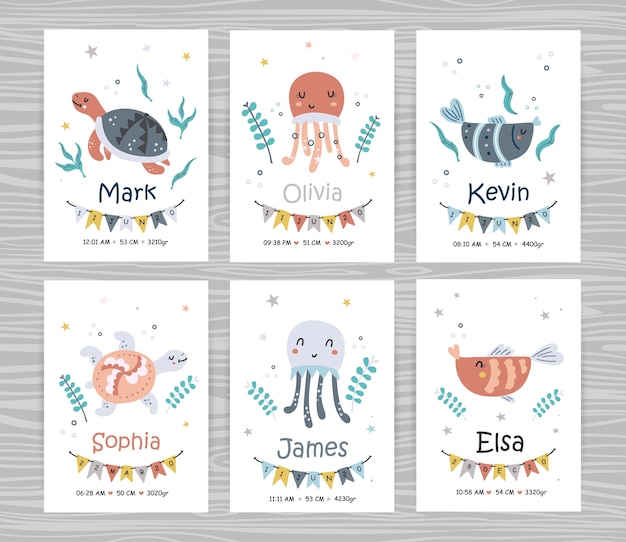 Plantillas de invitación de baby shower con animales marinos para niña y niño.