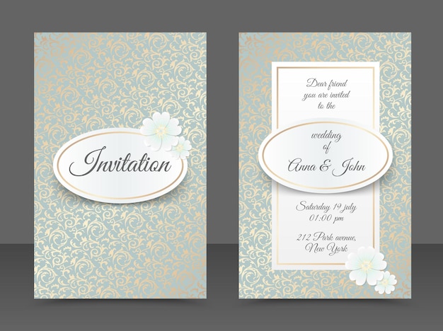 Plantillas de invitación de boda vintage. Diseño de portada con adorno de hojas doradas, flor de margarita blanca ovalada. Vector fondo decorativo tradicional. Guarde el telón de fondo floral de color cobre de la tarjeta de fecha.