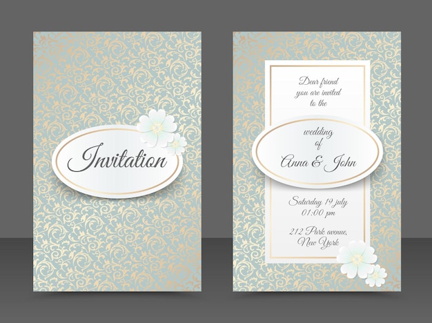 Plantillas de invitación de boda vintage. diseño de portada con adorno de hojas doradas, flor de margarita blanca ovalada. vector fondo decorativo tradicional. guarde el telón de fondo floral de color cobre de la tarjeta de fecha.