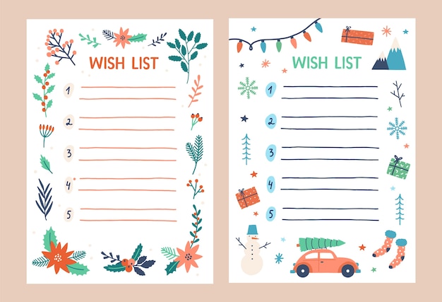 Plantillas de lista de deseos decoradas con adornos navideños tradicionales de temporada
