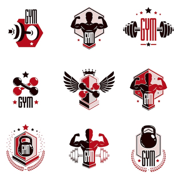 Vector plantillas de logotipo de club deportivo de gimnasio y peso pesado, conjunto de emblemas vectoriales de estilo retro.