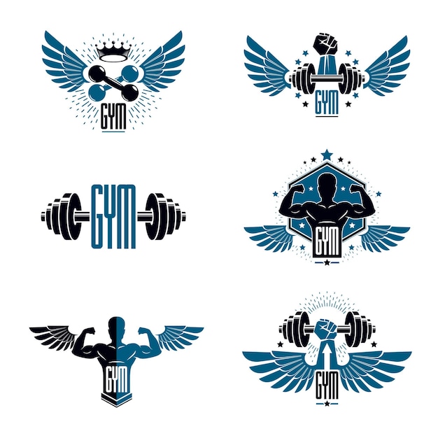 Plantillas de logotipo de club deportivo de gimnasio y peso pesado, conjunto de emblemas vectoriales de estilo retro.