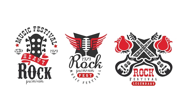 Las plantillas del logotipo de Heavy Rock Fest establecen las etiquetas del festival de música retro Ilustración vectorial