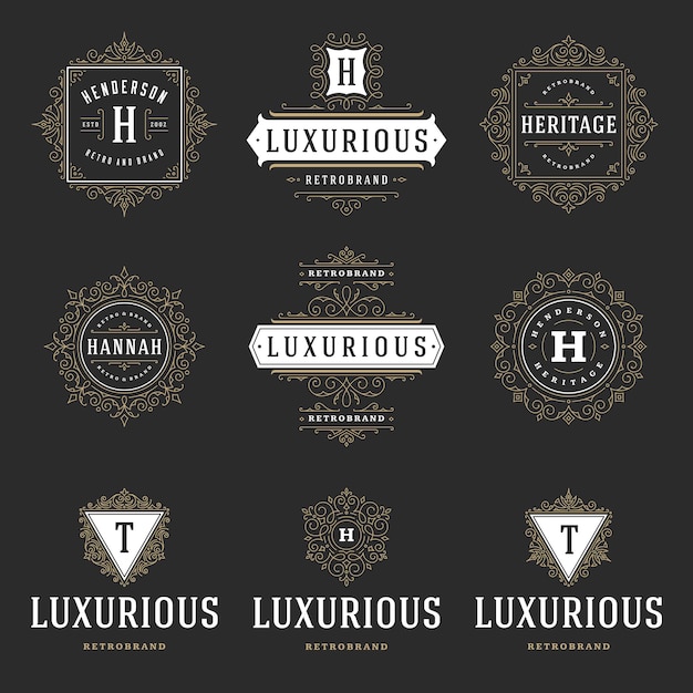 Las plantillas de logotipos antiguos se establecen, los vectores florecen, los adornos caligráficos elegantes, los marcos y los bordes