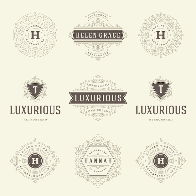 Las plantillas de logotipos antiguos se establecen, los vectores florecen, los adornos caligráficos elegantes, los marcos y los bordes