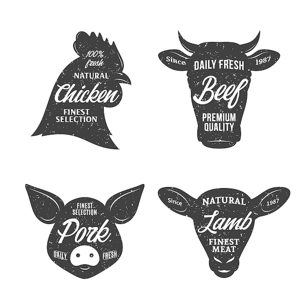 Plantillas de logotipos de carnicería con estilo retroiconos de animales de granja