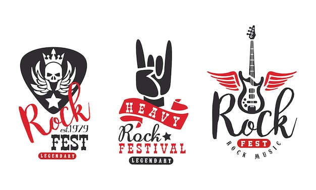 Las plantillas de logotipos de Legendary Rock Fest establecen las etiquetas de los festivales de rock pesado Ilustración vectorial