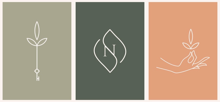 Vector plantillas de logotipos de mano y clave lineal de diseño de nutrición vectorial en estilo minimalista lineal de moda resumen celestial y mágico