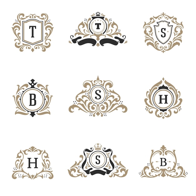 Plantillas de logotipos de monogramas de lujo, objetos vectoriales establecidos para el diseño de logotipos o insignias