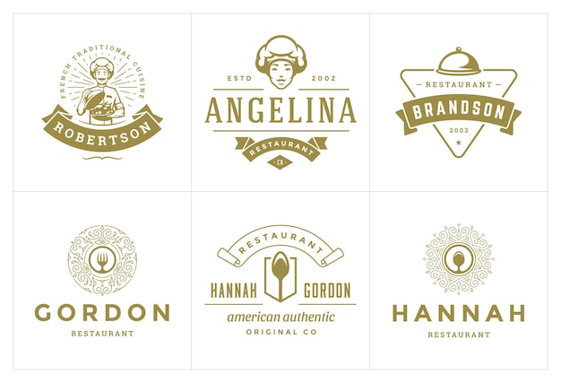 Las plantillas de logotipos de restaurantes establecen una ilustración vectorial buena para las etiquetas de menú y las insignias de café. Símbolos y elementos de diseño de decoración de tipografía vintage.