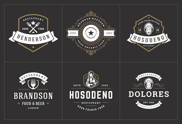 Las plantillas de logotipos de restaurantes establecen una ilustración vectorial buena para las etiquetas de menú y las insignias de café. Símbolos y elementos de diseño de decoración de tipografía vintage.