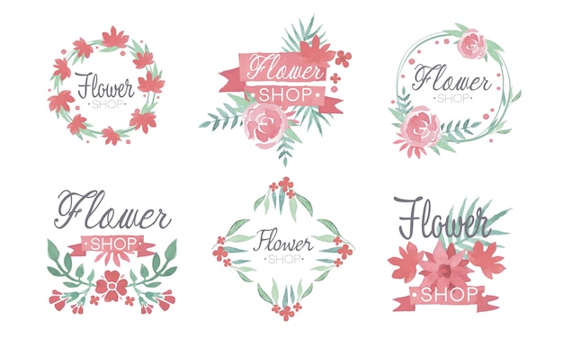 Vector plantillas de logotipos de tiendas de flores conjunto de insignias de boutique de floristas emblemas logotipos en colores pastel ilustración vectorial