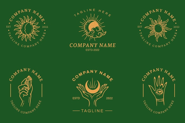 Plantillas minimalistas de logotipo místico dorado con elemento en verde oscuro