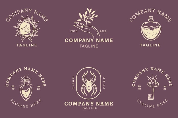 Plantillas minimalistas de logotipos místicos dorados con elemento en pastel púrpura