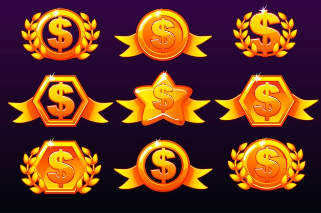 Plantillas de oro iconos de dólares para premios, creando iconos para juegos móviles.