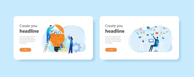 Plantillas de página de inicio de aterrizaje web de diseño plano de reunión de personas idea de aprendizaje e investigación con bombilla