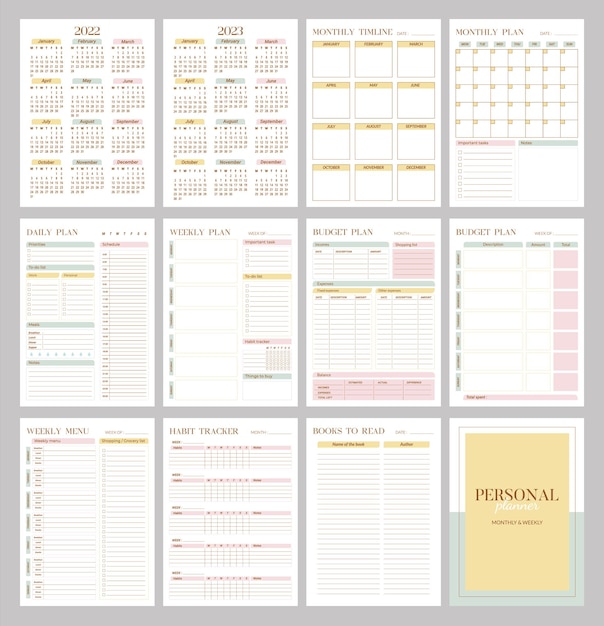 Plantillas de página de planificador personal con calendario y portada Plan mensual semanal diario en formato Vertical A4