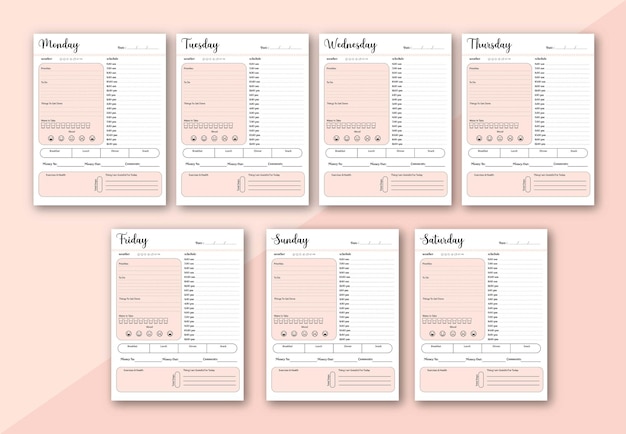 Plantillas de páginas de planificador minimalistas. página organizadora, diario y libro de control diario. planificadores de vida, organizadores semanales y de días o lista de horarios de oficina. conjunto de vectores de papel de organización gráfica