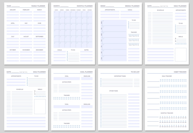 Vector plantillas de páginas de planificador minimalistas.