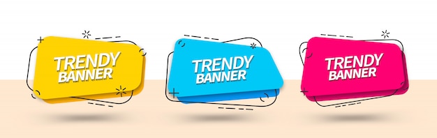 Plantillas de pancartas brillantes para usar en la web e imprimir. Plantillas listas de color amarillo, azul y rojo. Banners de moda de forma cuadrada.