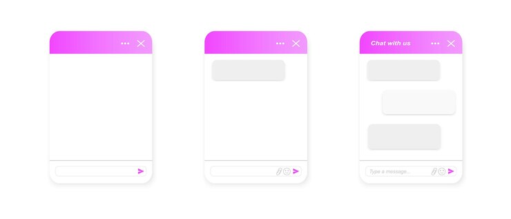 Vector plantillas de pantalla emergente de bot de chat ventanas de chat vacías y con burbujas de mensajes