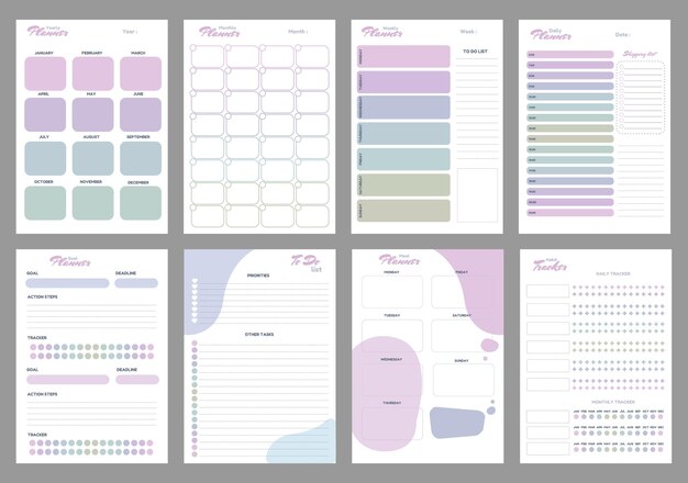 Plantillas de planificador coloridas planificadores semanales, mensuales y anuales para hacer una lista de seguimiento de hábitos del planificador de objetivos