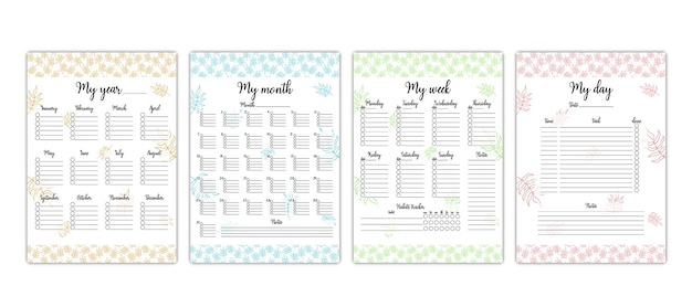 Plantillas de planificador Conjunto vectorial de coloridos organizadores de tareas imprimibles para el año mes semana y día Páginas de libro de planificador personal en blanco Diseño de hojas tropicales