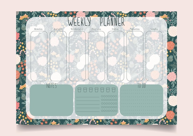 Vector plantillas de planificador semanal con espacio de diseño floral para notas que hacer y rastreador de hábitos y agua