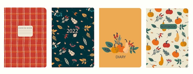 Plantillas de portada basadas en patrones con calabazas, bayas, hojas, concepto de Acción de Gracias, Fondos para cuadernos, cuadernos, diarios, Encabezados, aislados, reemplazables