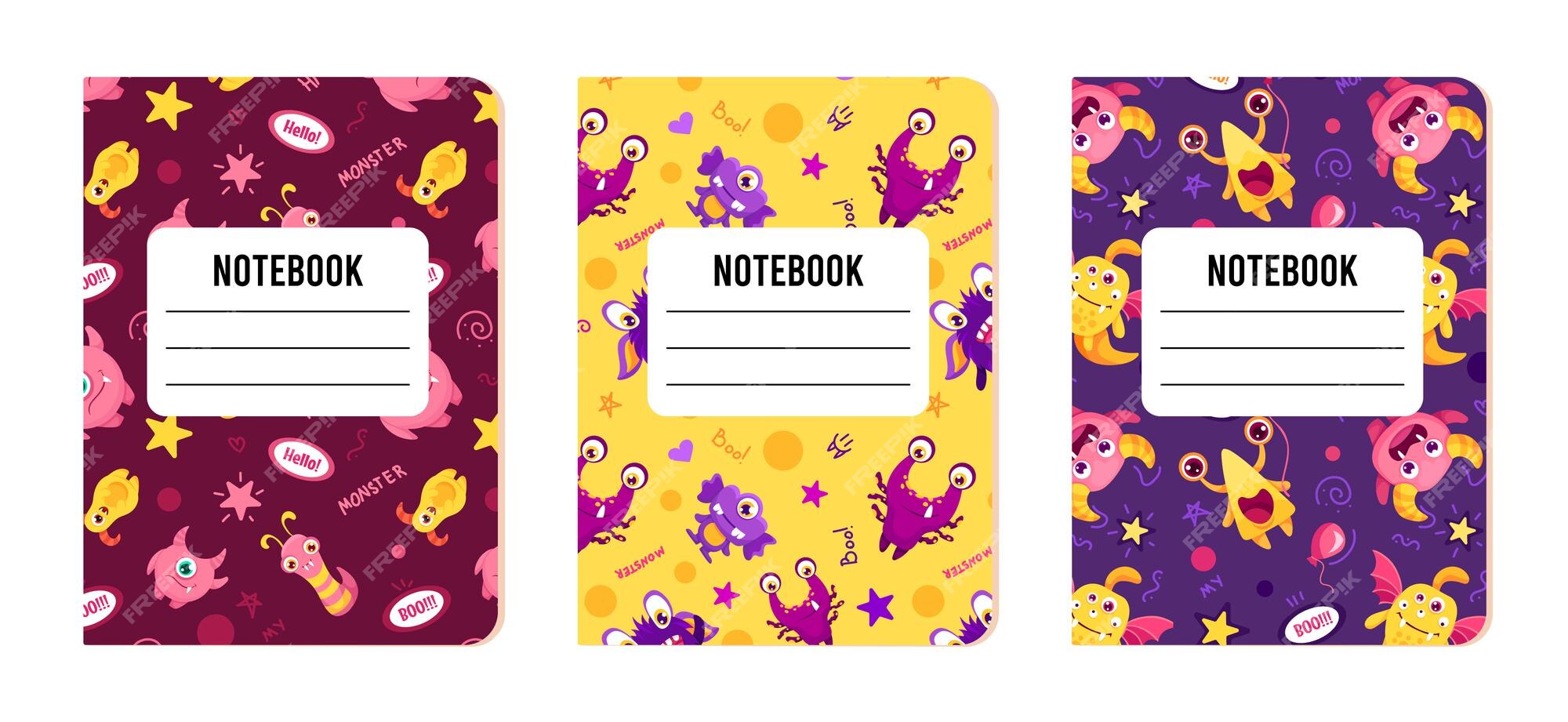 Plantillas de portadas de cuadernos con estampados de monstruos divertidos  fondo imprimible para papelería escolar | Vector Premium