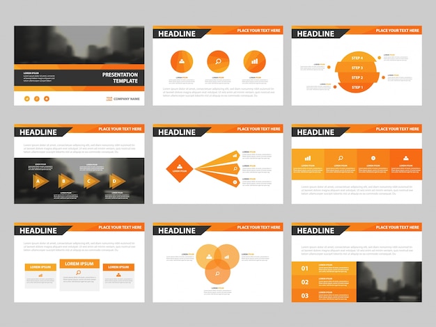 Plantillas de presentación de triángulos naranjas, Diseño plano de plantilla de elementos de infografía para folleto de informe anual Folleto de volante de marketing Plantillas de banner de publicidad