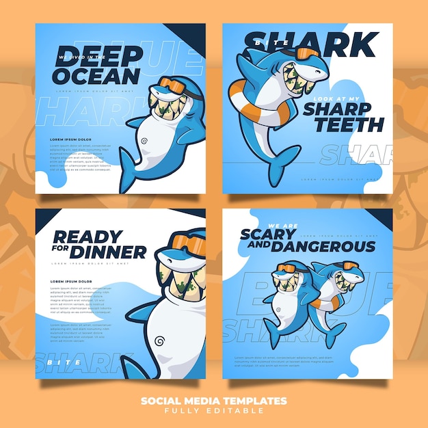 Vector plantillas de redes sociales con personajes de tiburones