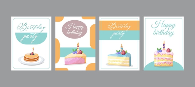 Plantillas de tarjetas de cumpleaños coloridas con pasteles, velas y celebraciones