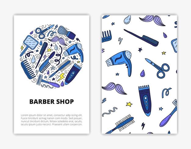 Plantillas de tarjetas con iconos de barberías garabateadas